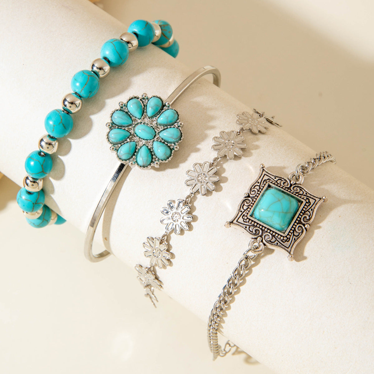 Wholesale Bohemian Set Turquoise Leaf Bracelet Ethnic Bow Flower Turquoise Bracelet suit